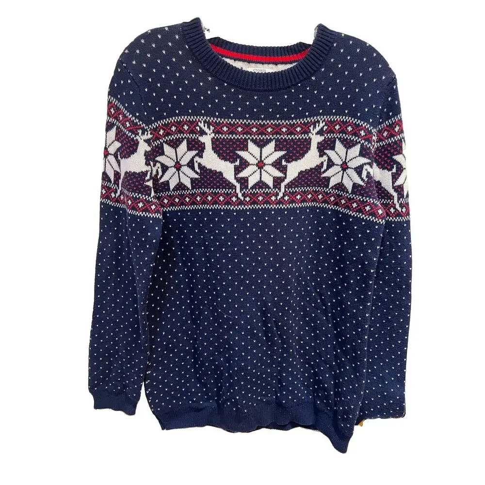 Crown & Ivy Christmas Fair Isle Reindeer Sweater Boys LARGE Navy Blue 100% Cottn